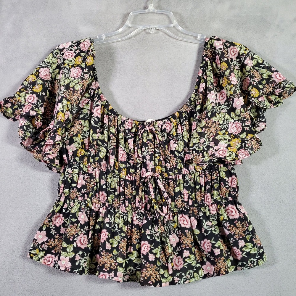 Altar'd State Top Womens S Black Ditsy Floral Smocked Boho Cottagecore Milkmaid